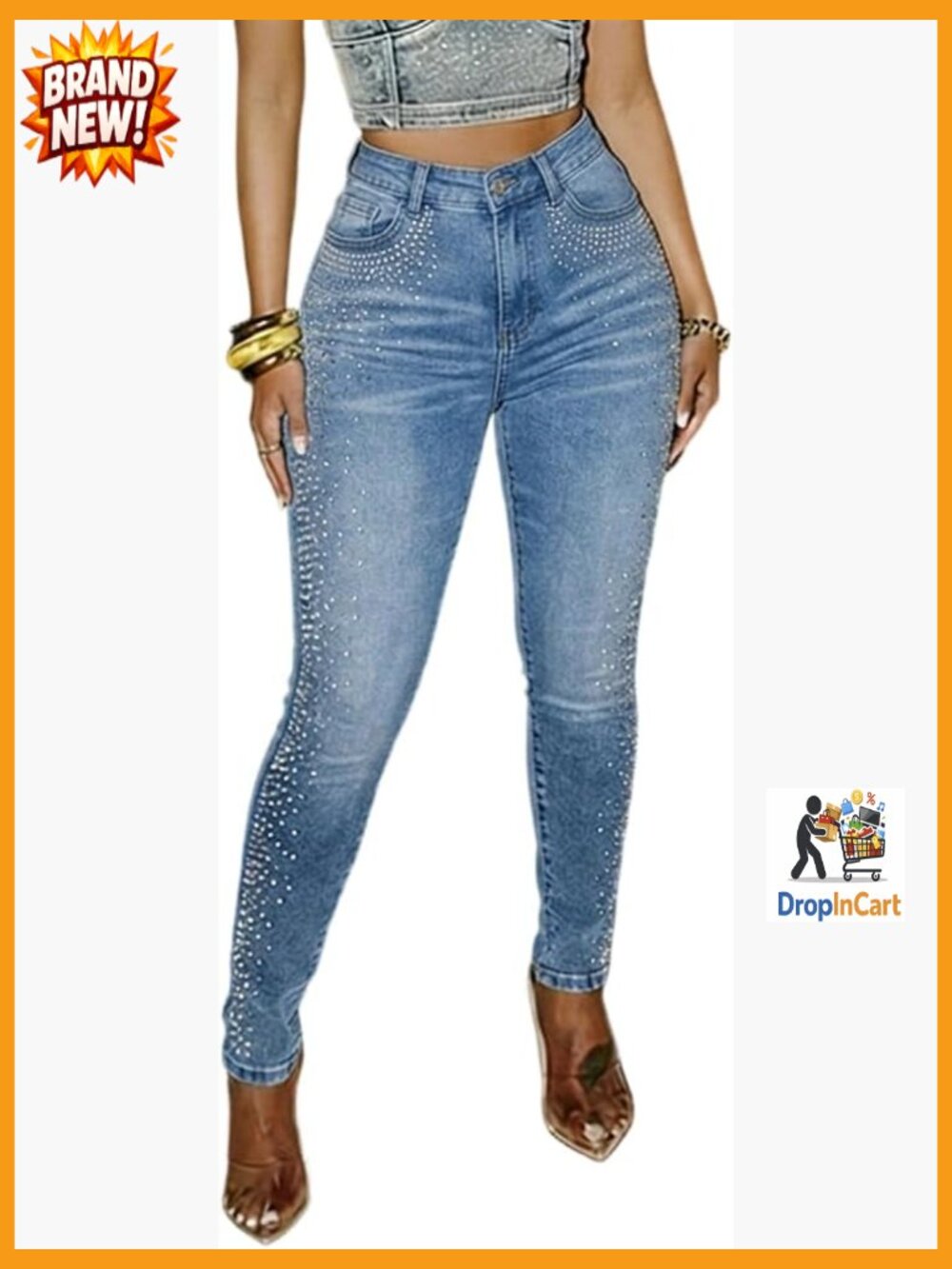 Rhinestone Skinny Jeans High Waisted Stretchy Denim Party Streetwear Y2K
